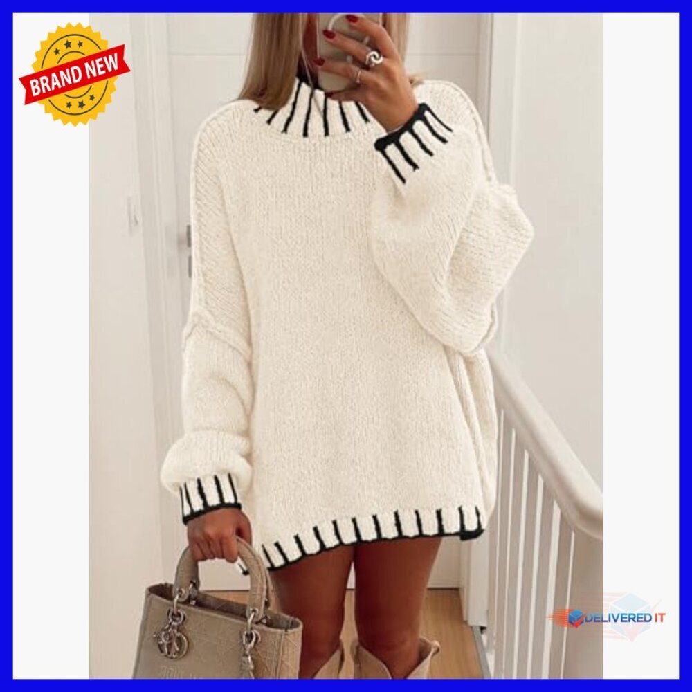 Oversized Chunky Knit Pullover Sweater Long Sleeve Mock Neck Winter Top - Picture 3 of 7